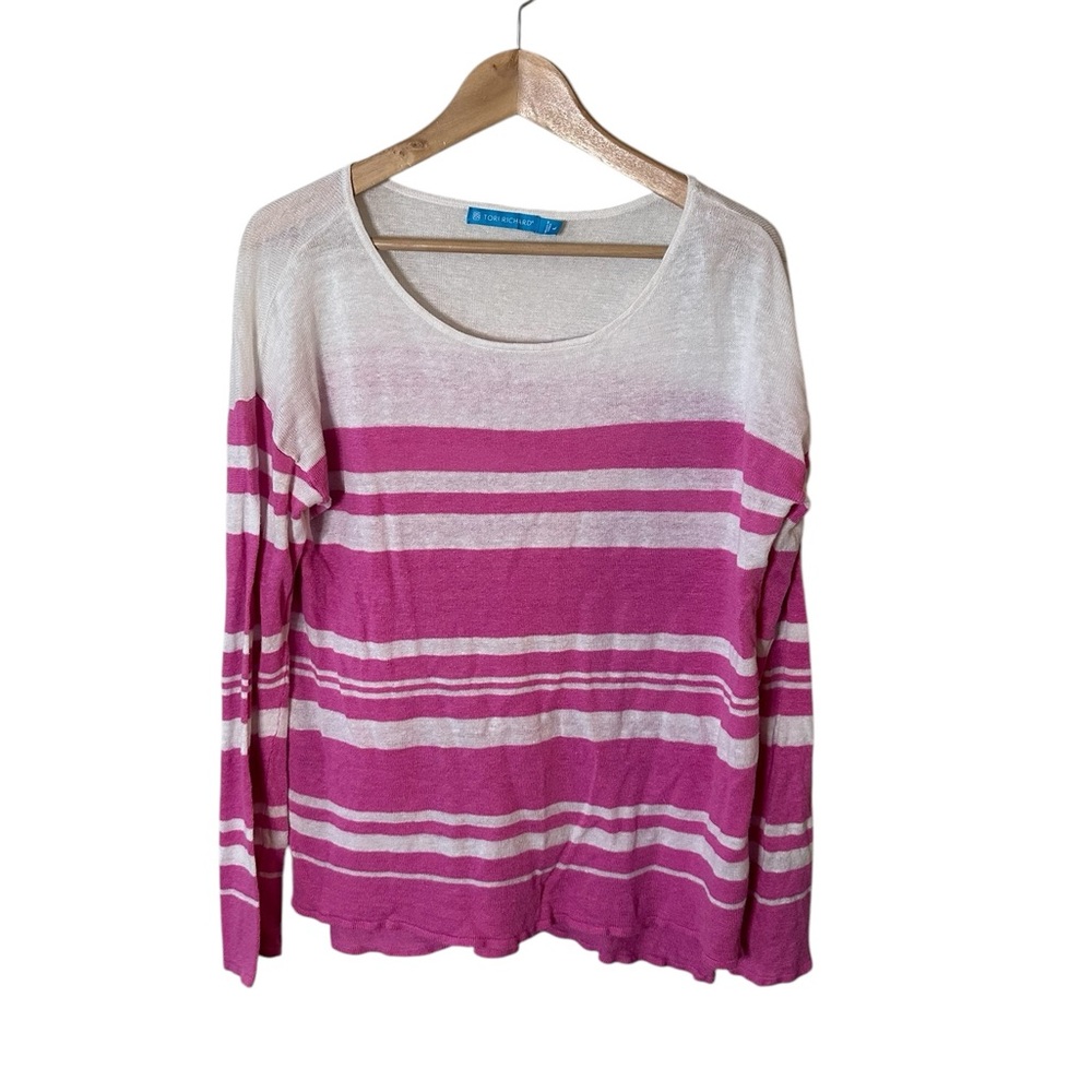 Tori Richard Pink White Striped Linen Lightweight Knit Sweater Size L Coastal